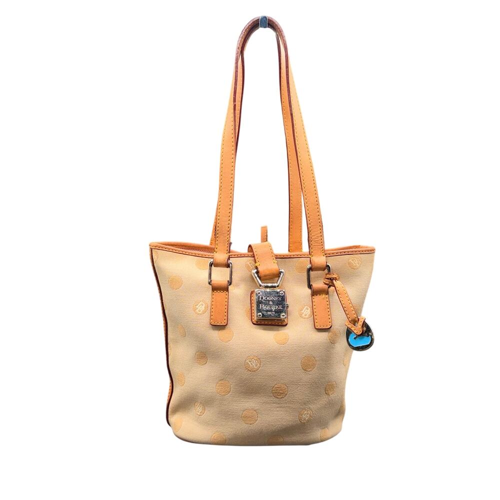 Dooney & Bourke Tan Beige Polka Dot Canvas Leather Bucket Tote Shoulder Bag